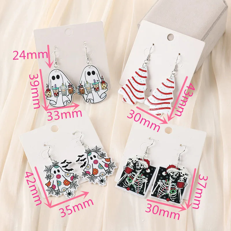 1Pair Christmas Cake/Ghosts/Skeleton Drop Earring Two Side Print Acrylic Fashion Jewelry For Woman Girl Holiday Gift