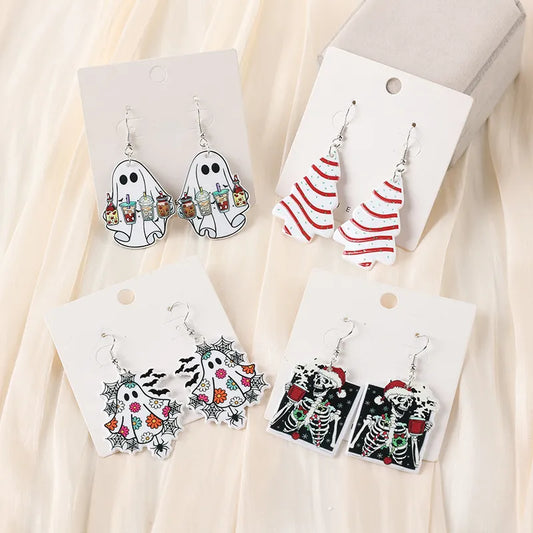 1Pair Christmas Cake/Ghosts/Skeleton Drop Earring Two Side Print Acrylic Fashion Jewelry For Woman Girl Holiday Gift